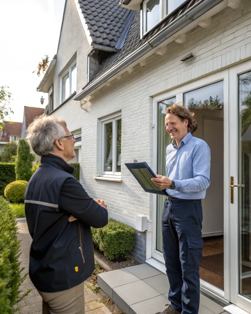 Deskundige van Energieattesten.be bespreekt de keuring met een eigenaar aan de voordeur